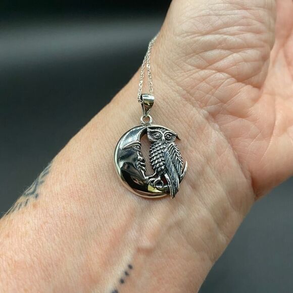 Owl And Moon Sterling Silver Pendant Necklace - Picture 4 of 4